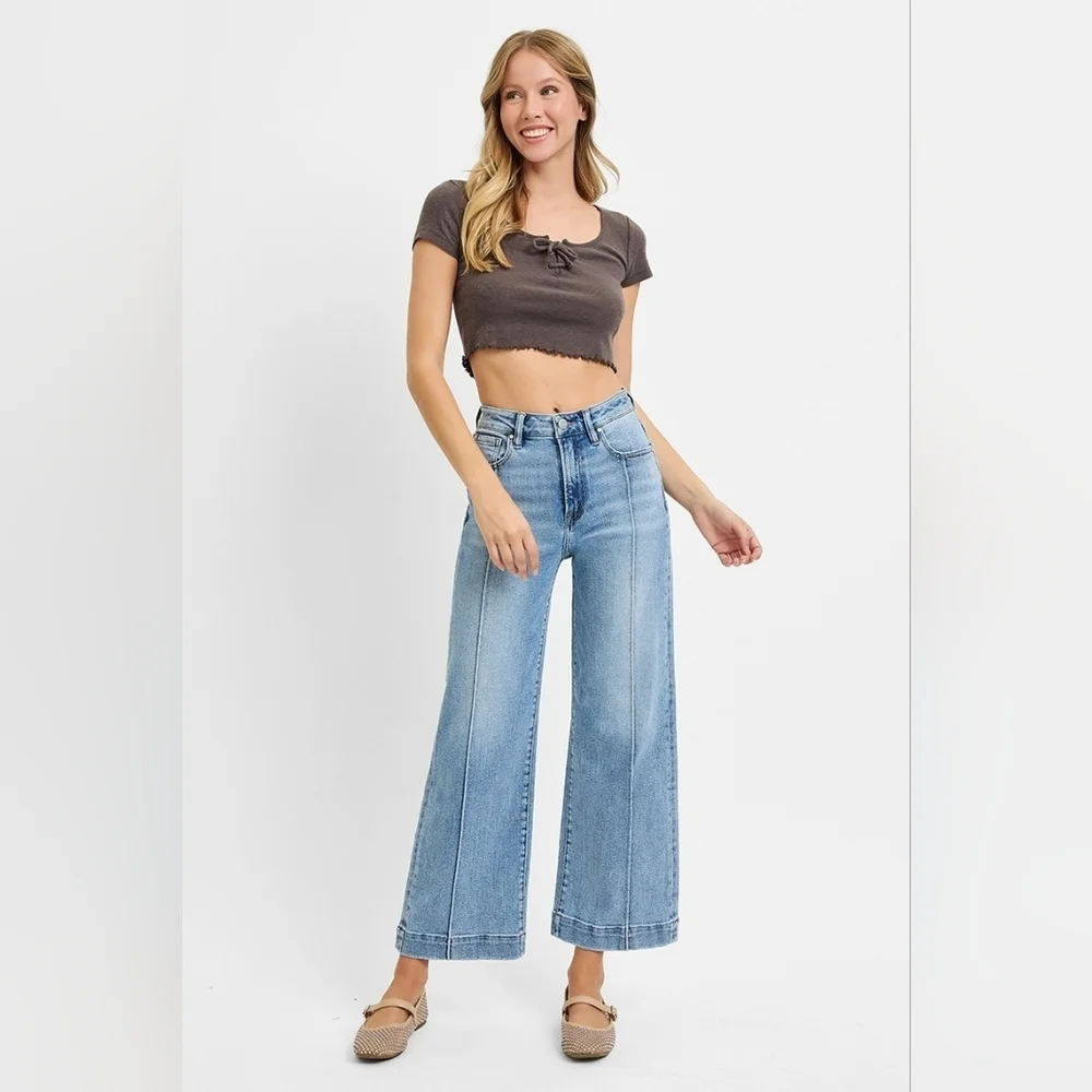 RISEN HR Light Wash Wide Leg Cropped Front Seam Trouser Hem Jeans Various NEW - Picture 1 of 6